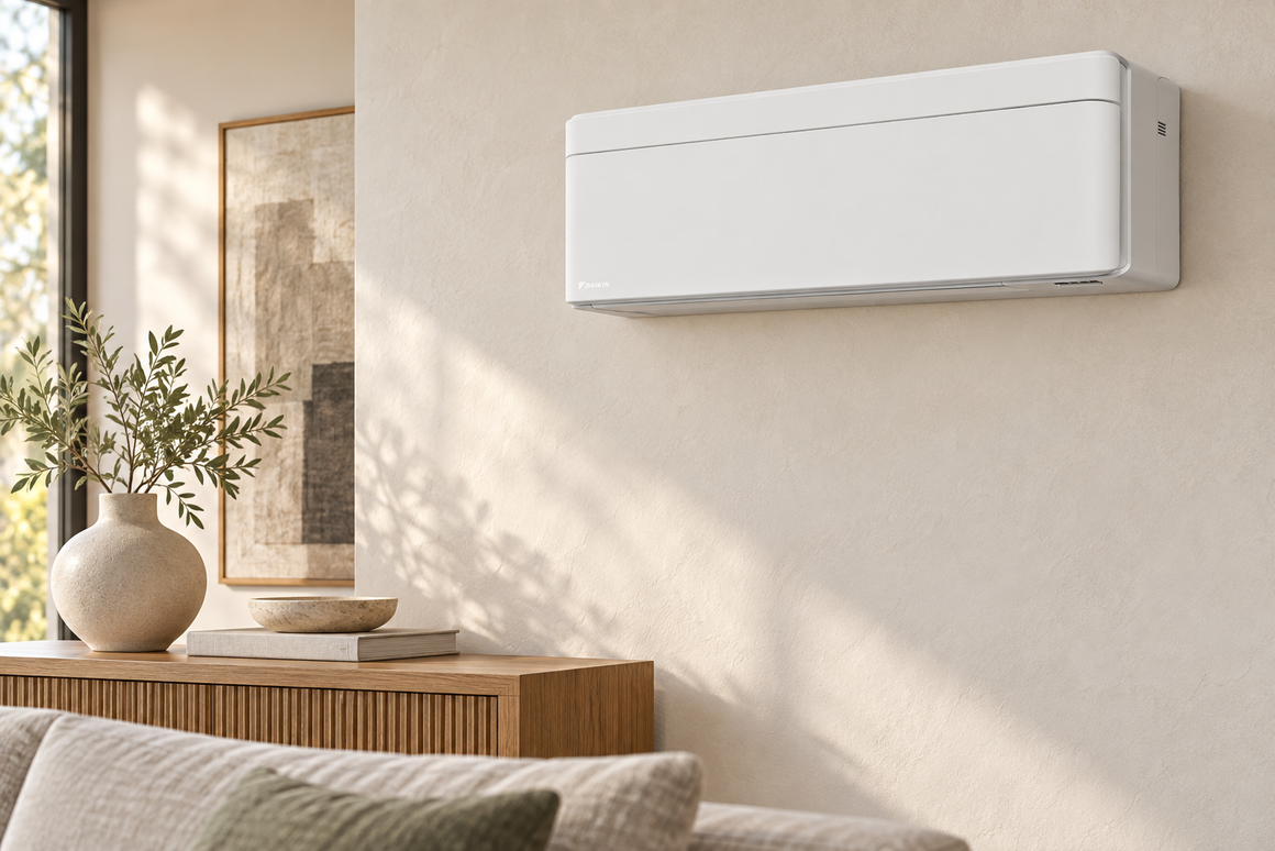 Белый настенный блок Daikin Stylish FTXA-AW на светлой стене гостиной