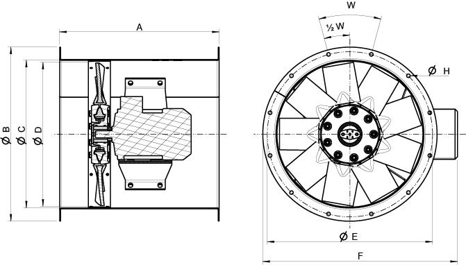 Размеры вентилятора Systemair AXC-EX 630-9/16°-2